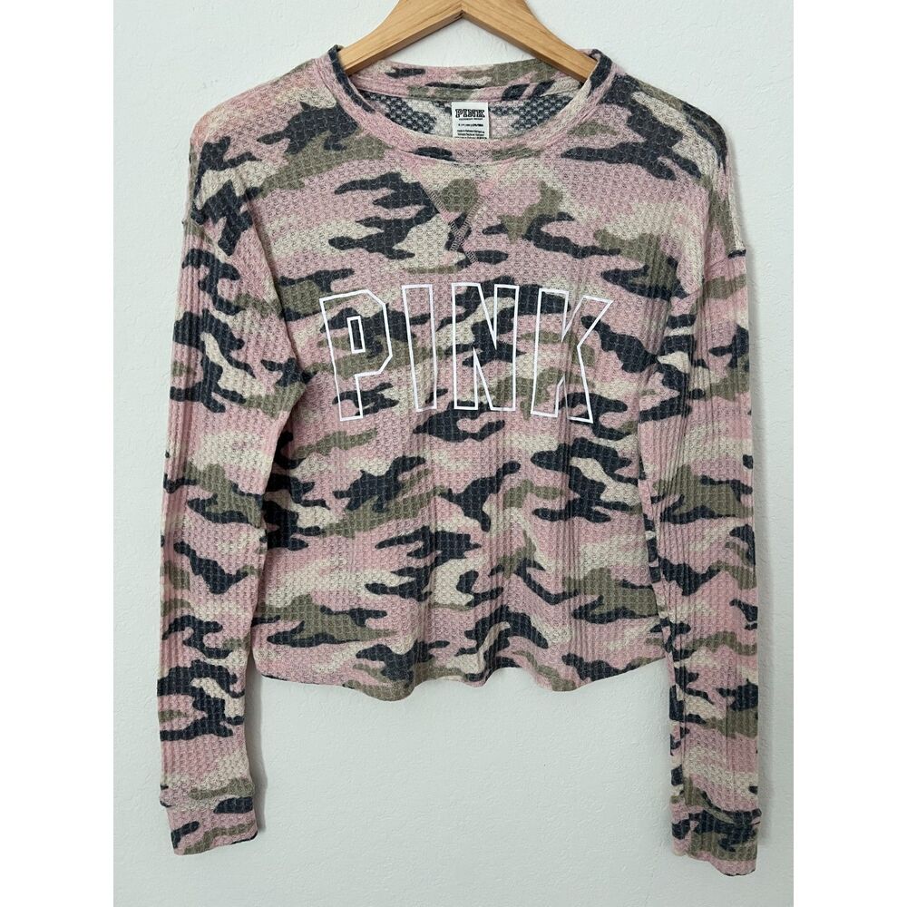 PINK By Victoria Waffle Long Sleeve Crewneck Pink Camo Thermo Shirt S